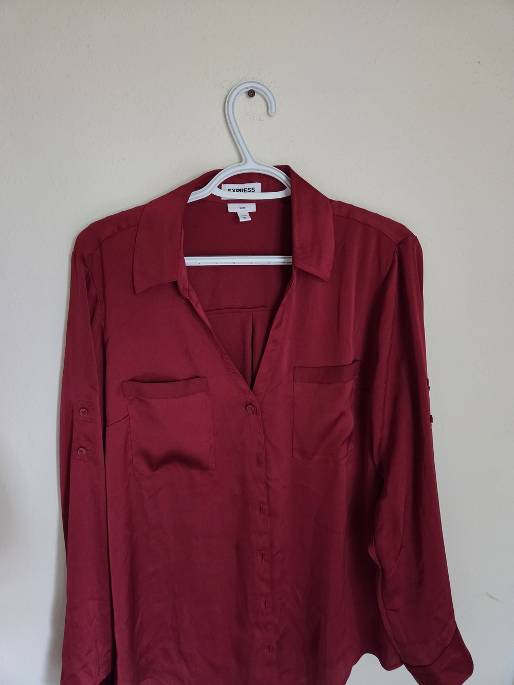 Express Satin Red Long-Sleeve V-Neck Blouse